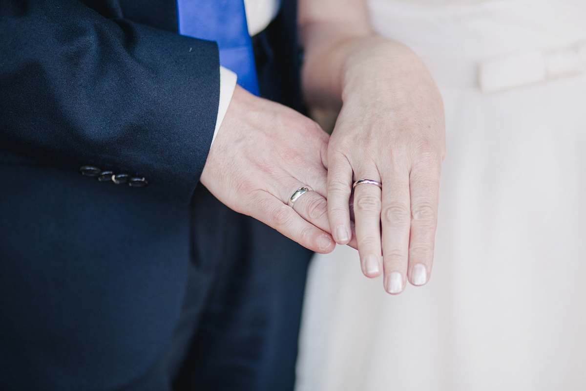 hand couple wearing their band rings wedding